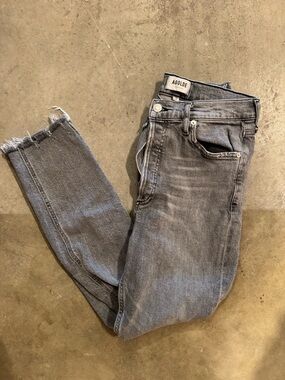 Agolde Washed Grey High-Rise Skinny Jeans with Frayed Hem